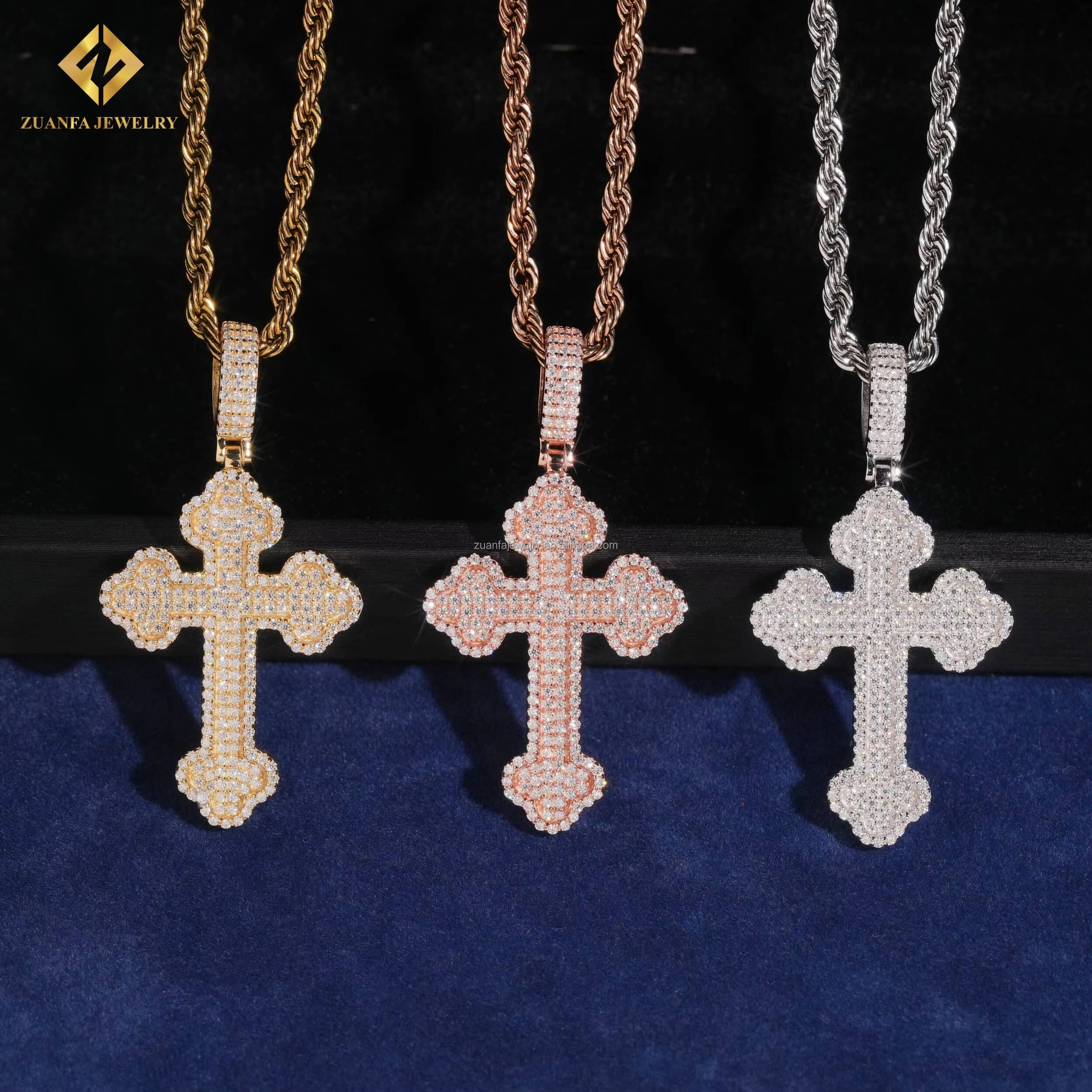 Bulk Stock Fire Jewelry Drop Shipping Fashion Hip Hop Iced Out Round Moissanite 925 Sterling Silver Cross Pendant Man Gift
