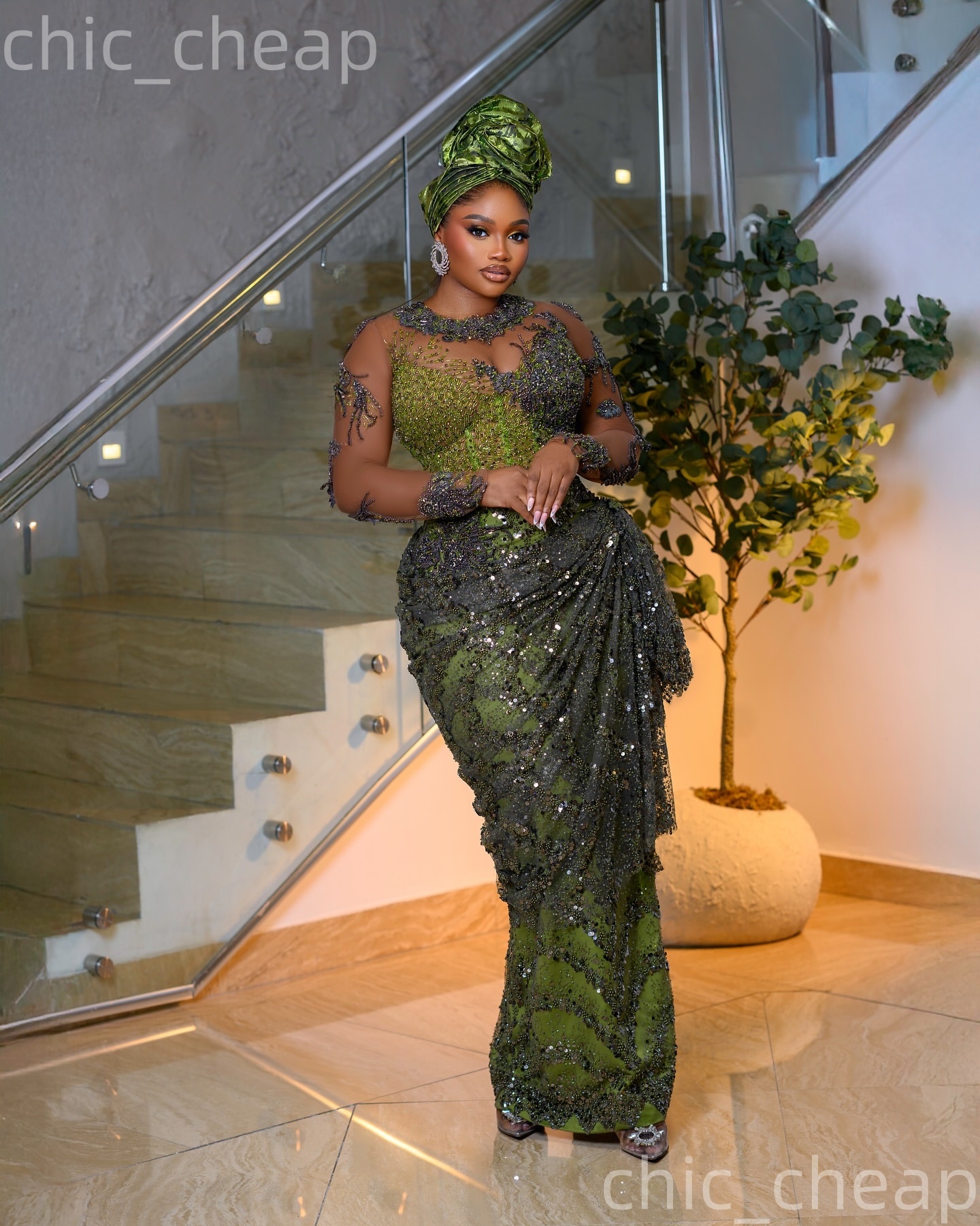 Aso Ebi Nigerian Olive Green Sheath Prom Dresses 2026 Appliques Beaded Sequined Evening Formal Party Second Birthday Engagement Gowns Dress For Specia