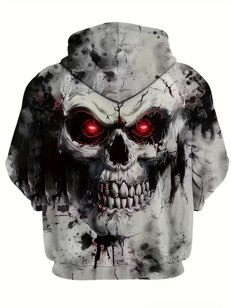 Men's 3D Red-Eyed Skull Graphic Hoodie - Gothic Splatter Print Casual Pullover Hooded Sweatshirt