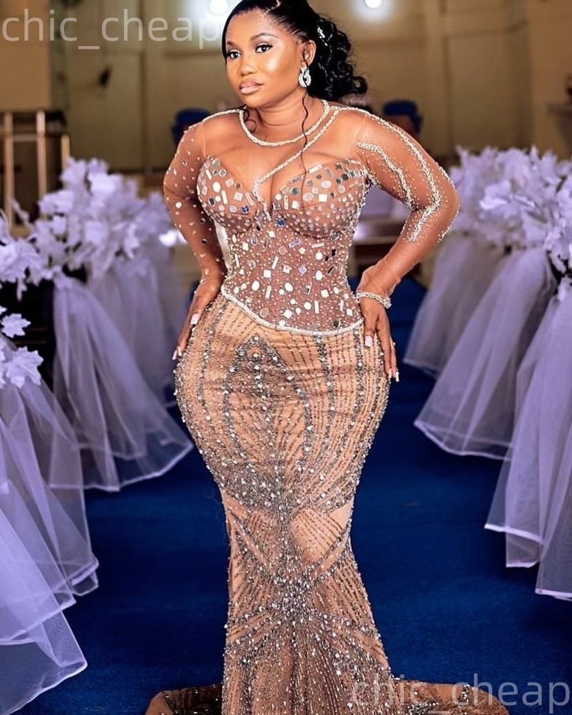 Aso Ebi Nigerian Champagne Mermaid Prom Dresses 2026 Beaded Crystals Illusion Evening Formal Party Second Birthday Engagement Gowns Dress For Special 