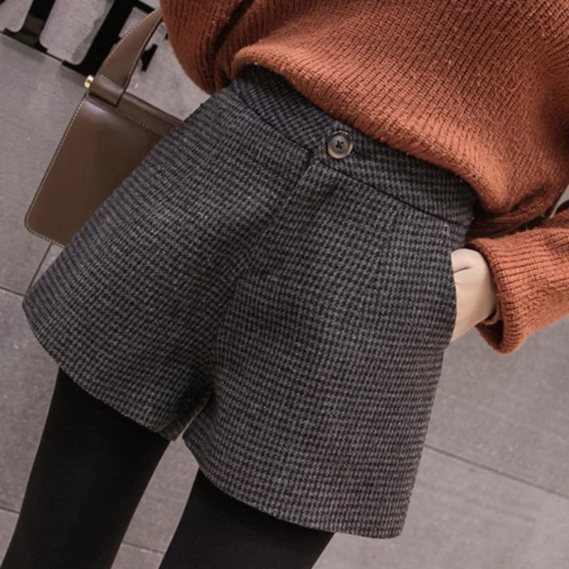 Thicker Houndstooth Short Autumn Winter Warm High Waist Aline Vintage Baggy Bottom Korean Fashion Streetwear Chic 260114 - view 4