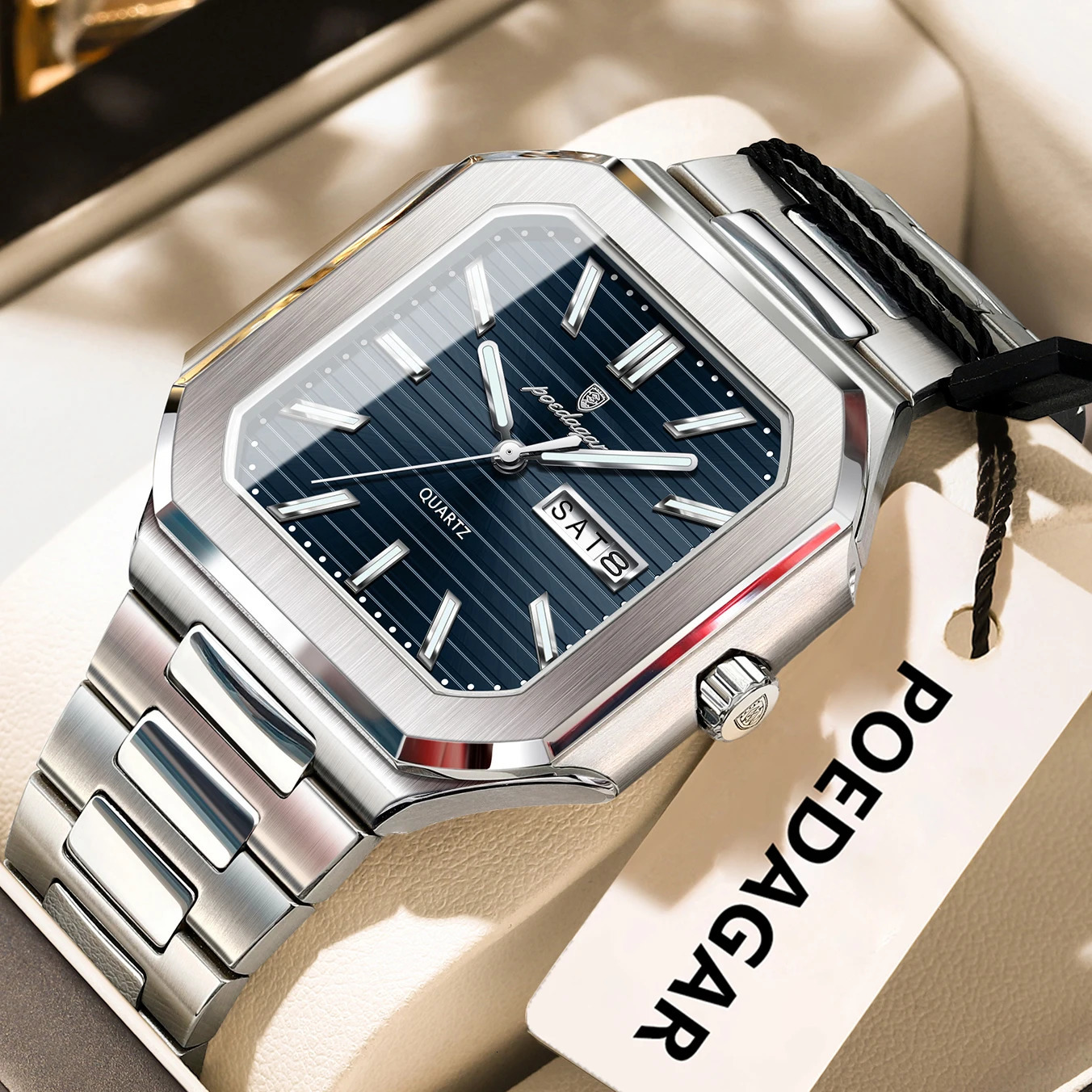 POEDAGAR Square Fashion Man Wristwatch Waterproof Luminous Date Week Quartz Mens Watches Stainless Steel Men Watch Reloj 260114
