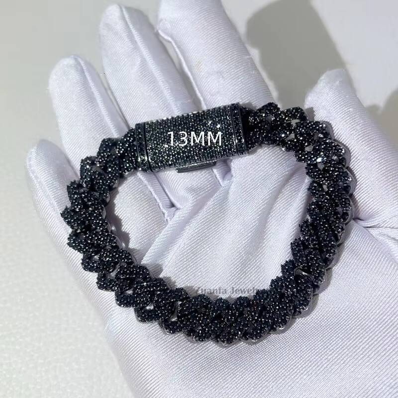 Rapper Jewelry Hip Hop Sterling Silver 8MM 10MM 13MM 15MM Black Moissanite Iced Out Cuban Bracelet