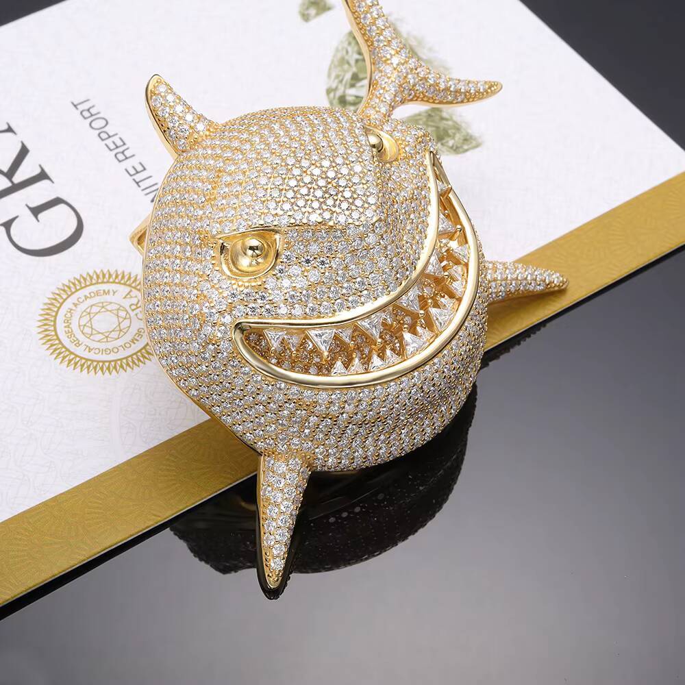 New Hip Hop Shark Pendant VVS Moissanite Silver Round Brilliant Cut Claw Setting Unisex
