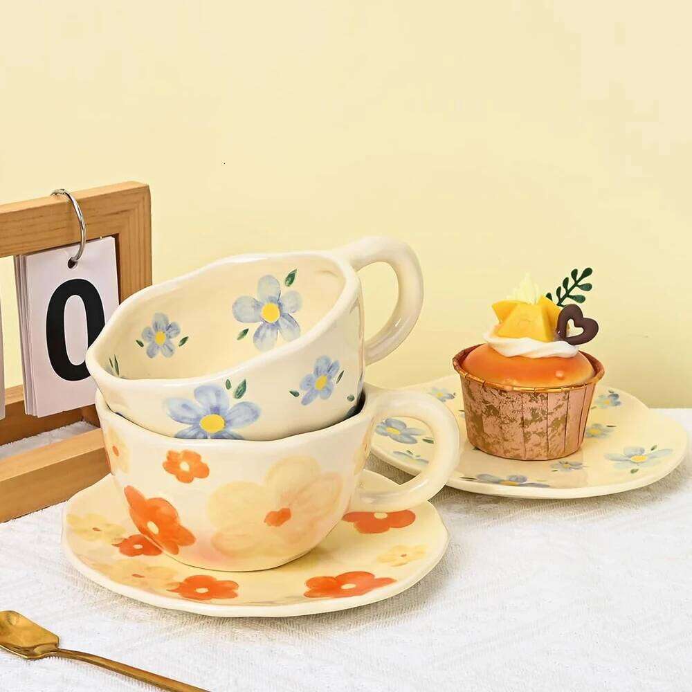 Ceramic Mugs Coffee Cups Hand Pinched Irregular Flower Milk Tea Cup with Plate Ins Style Drinkware Breakfast Mug Kitchen
