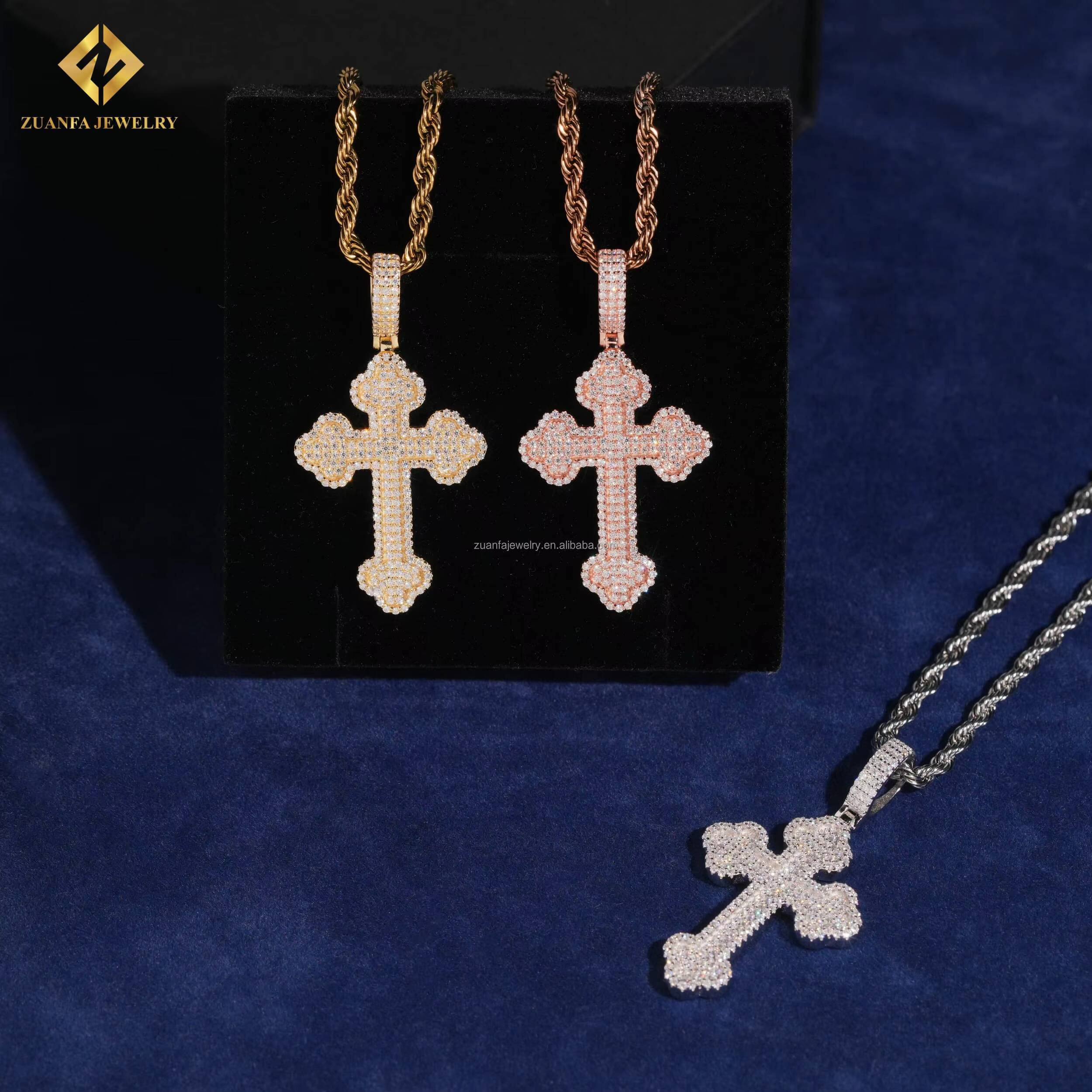 Bulk Stock Fire Jewelry Drop Shipping Fashion Hip Hop Iced Out Round Moissanite 925 Sterling Silver Cross Pendant Man Gift
