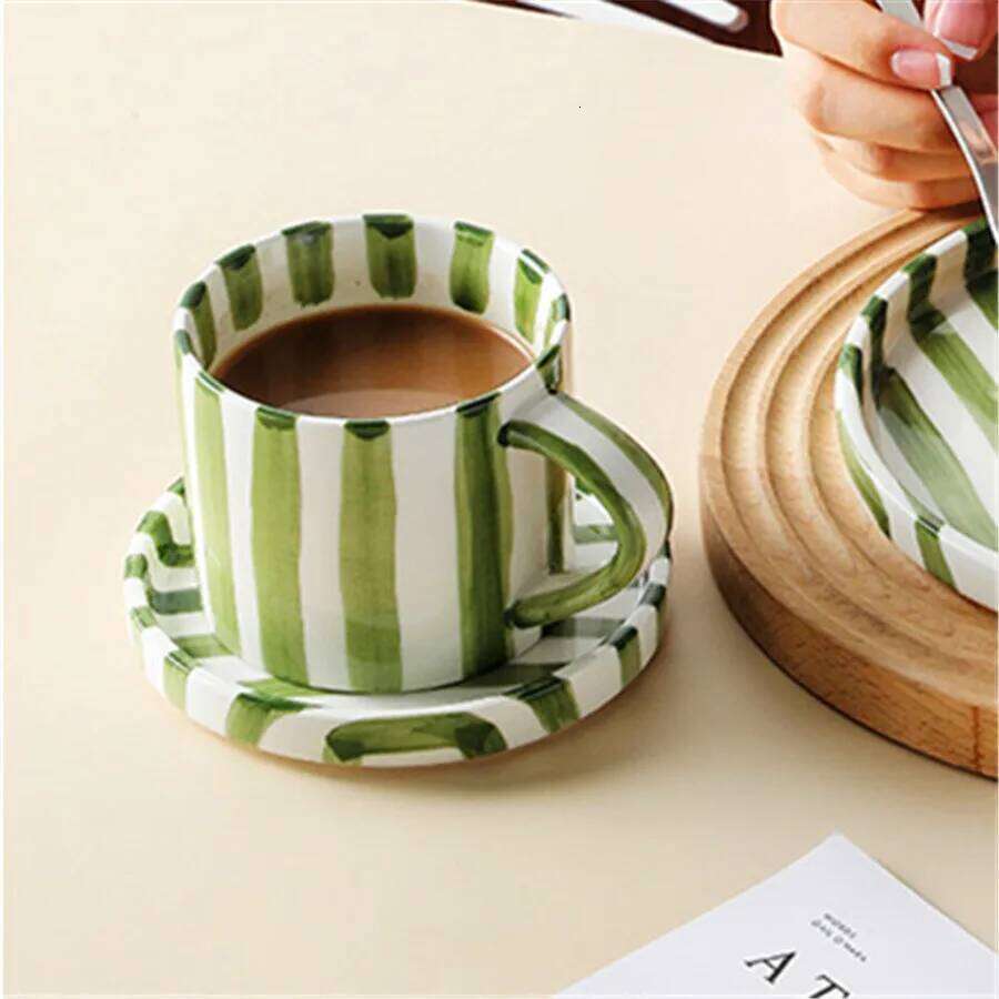 Minimalist striped hand drawn cup and plate set, ceramic milk 280ml/9.5oz afternoon tea coffee cup, household drinki