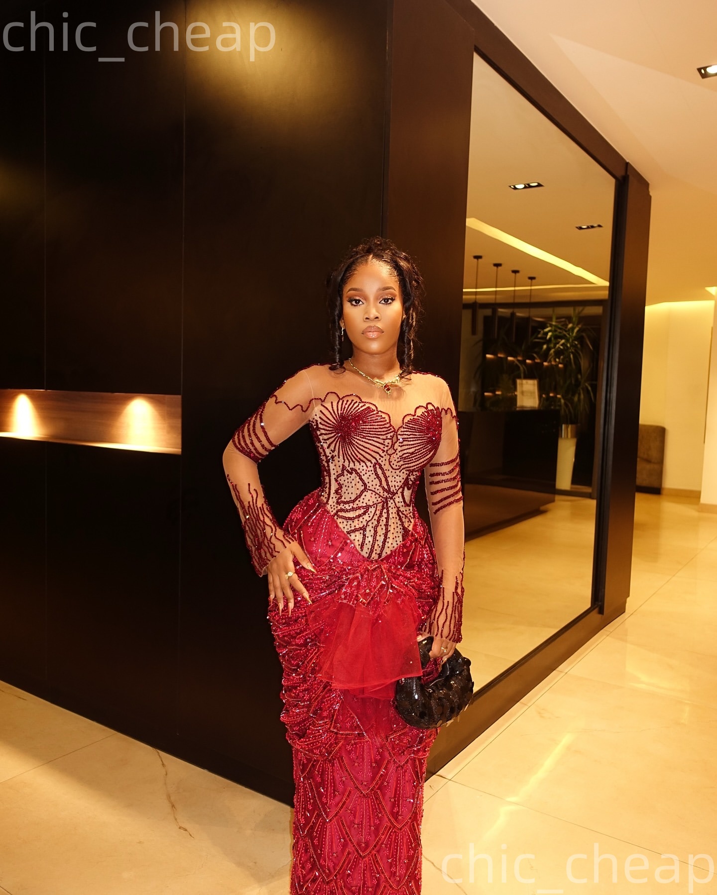 Aso Ebi Nigerian Burgundy Sheath Prom Dresses 2026 Illusion Beaded Sheer Neck Evening Formal Party Second Birthday Engagement Gowns Dress For Special 