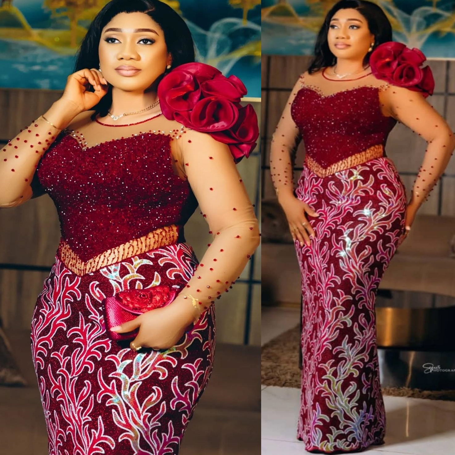 Aso Ebi Nigerian Burgundy Sheath Prom Dresses 2026 Beaded Sheer Neck Lace Evening Formal Party Second Birthday Engagement Gowns Dress For Special Occa