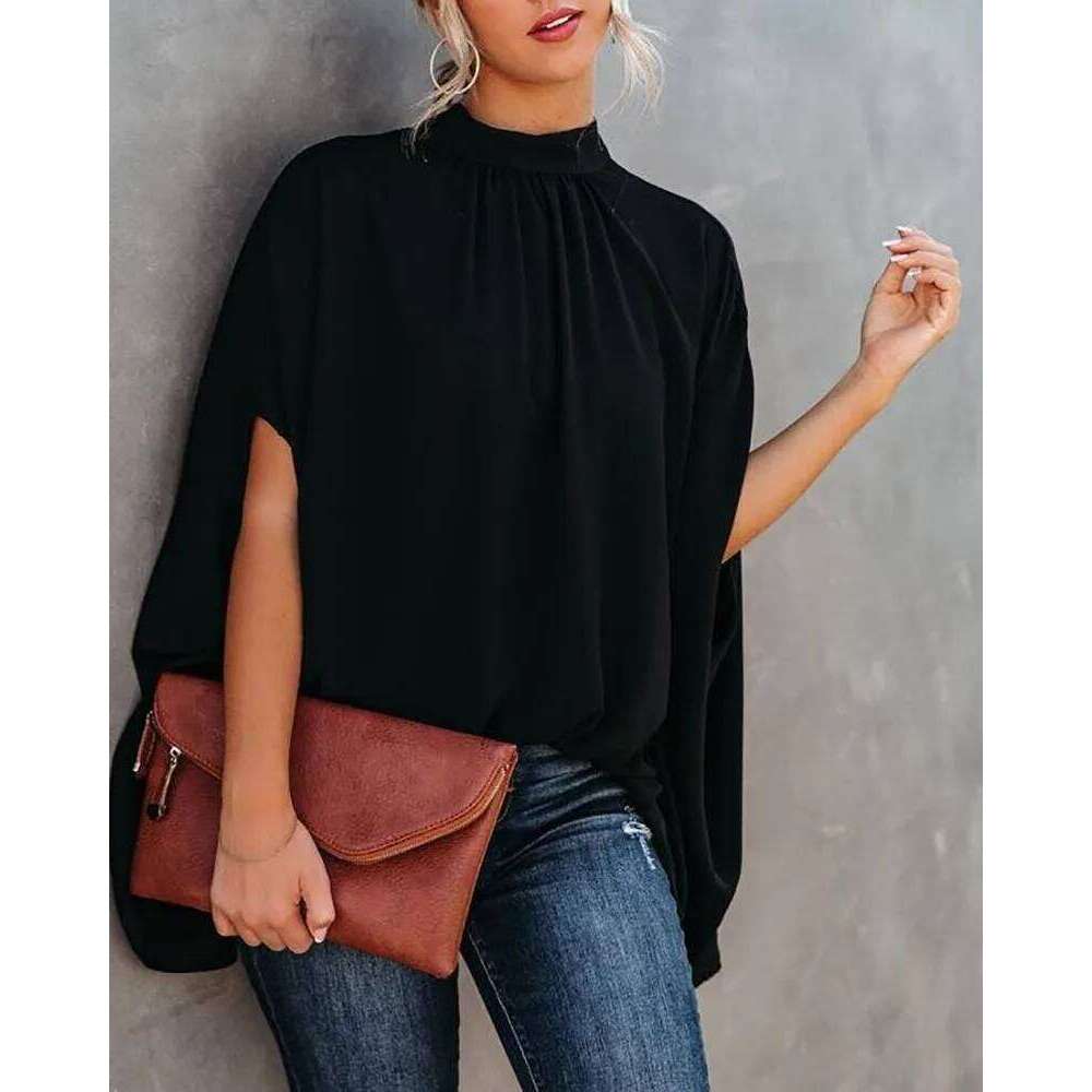 Women's Cape Sleeve Oversize Blouse Tie Closure High Neckline Caftan Body Loose Tops