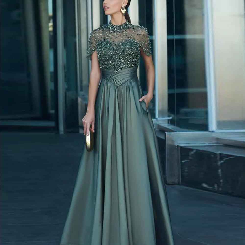 Luxury Beading Embrodiery Evening High Neck Cap Sleeve Women Formal Party Guest Outfit Pleats A Line Long Prom Dress With Pocket Bc19372 B0312