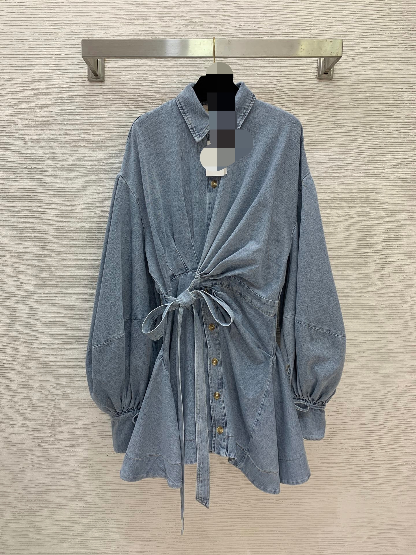 G26011486 High-end Customized Washed Soft Denim Fabric Lantern Sleeve Buttoned Front Collar Long Dress