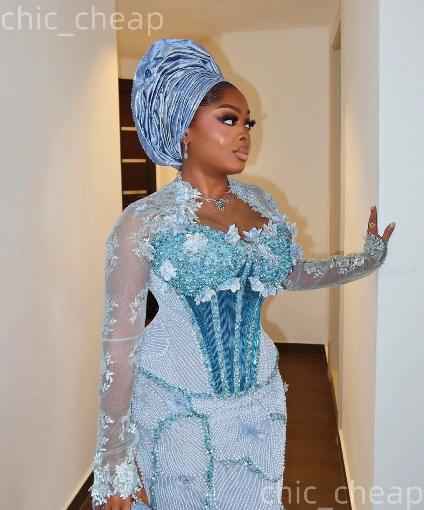 Aso Ebi Nigerian Light Sky Blue Sheath Prom Dresses 2026 Flowers Beaded Sequined Evening Formal Party Second Birthday Engagement Gowns Dress For Speci