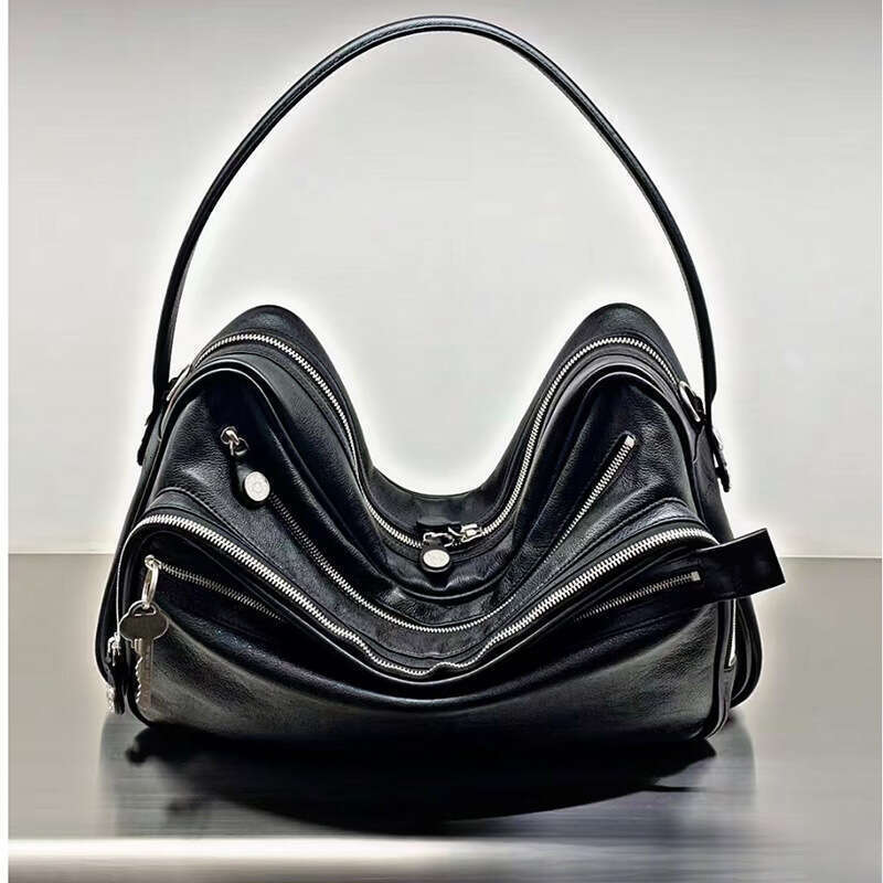 Designer Bag Swedish Niche New Genuine Leather Multi Compartment Zipper Handbag Key Pendant Underarm Motorcycle Single Shoulder Crossbody Bag