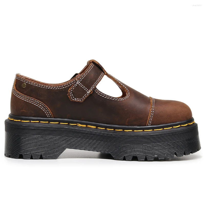 Casual Shoes Crazy Horse Cow Leather Women Thick Bottom Leisure Buckle Strap Mary Jane
