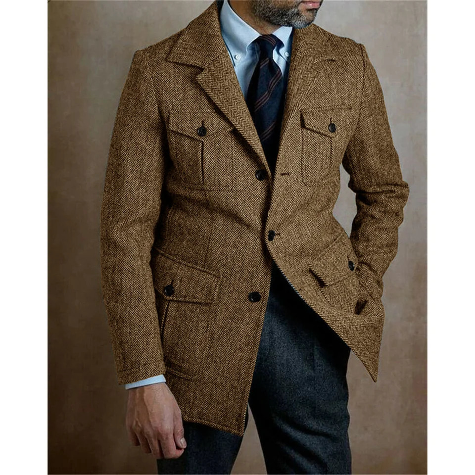Mens Herringbone Jacket Single Breasted Casual Business Steampunk Stage Suit Jackets Suite for Man in Suits and Blazers 260113 - view 3