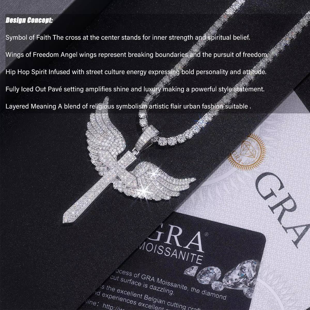 Hip Hop Fine Jewelry Pendants Men Iced Out VVS Moissanite Diamond Pendants 925 Sterling Silver Angel Wing Moissanite Necklaces