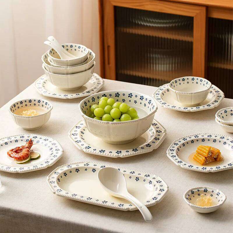 1PC Ceramic Tableware Retro Blue Cherry Blossom Household Rice Vegetable Plate Niche Set Cute Bowl