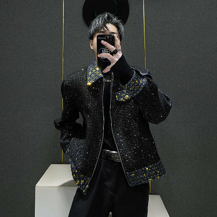 Luxury Brand Designer Clothes Tweed Sequin Contrast Color Small Style Jacket For Men, Autumn And Winter High-End Starry Sky Shiny Jacket Top Trend
