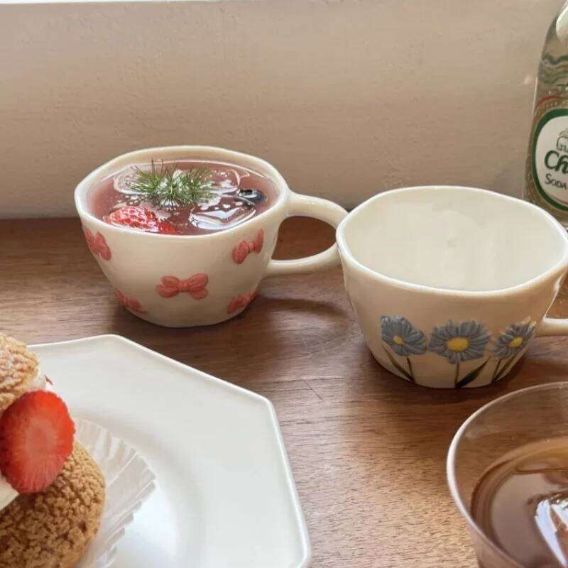 Hand Pinched Coffee Hand-drawn Irregular Underglaze Color Relief Daisy Milk Tea Cup Pink Bow Croissant Oatmeal Breakfast Mug
