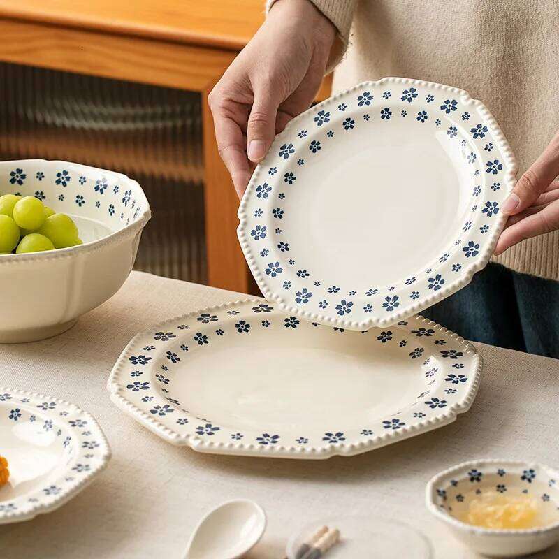 1PC Ceramic Tableware Retro Blue Cherry Blossom Household Rice Vegetable Plate Niche Set Cute Bowl