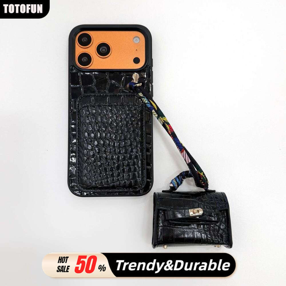 Phone Case for iPhone New Model Compatible with Apple 17 iPhone 15 Pro Crocodile Pattern Card Holder + Earphone Cover Phone Case 12 Trendy Women
