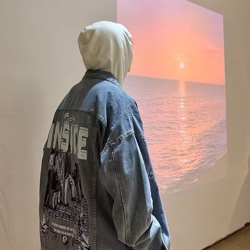 Painted printing Men Denim Jacket Cartoon Graffiti Print Loose Coats Vintage Hip Hop Leisure Outerwear L290 S191019