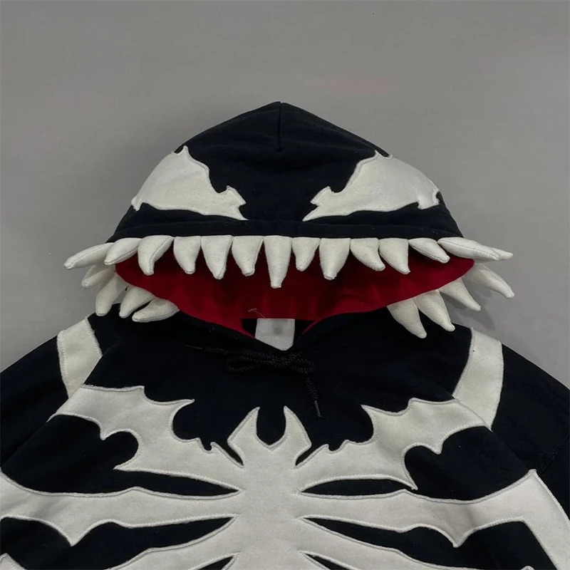 White Spider Pattern Teeth Hood n Oversized Long Sleeves Gothic Hoodie Y2K Men Women Fashion Casual Streetwear Sweatshirt 251231