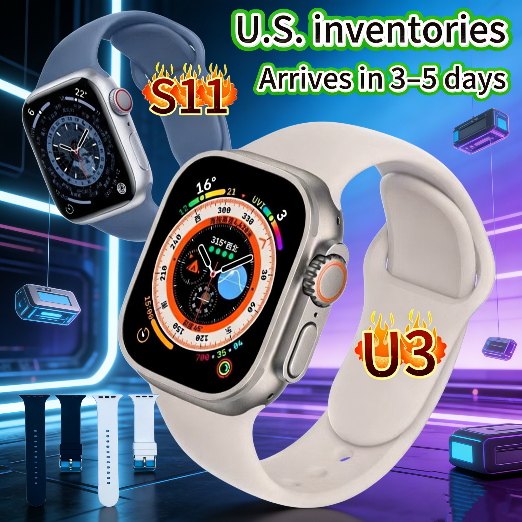 US stock: Compatible with Apple Watch U3 and S11 series, 46mm and 49mm straps. Features Dynamic Island functionality, Bluetooth calling, and fitness tracking.