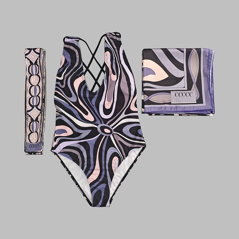 Women Sexy V Neck Swimsuit Designer Contrast Color Printed Bikini Swimwear With Headband Scarf Summer Pool Party Beach Holidays Bathing Suits