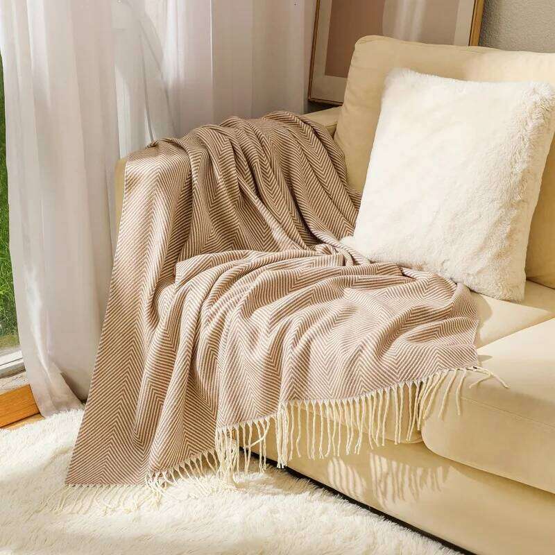 Khaki Gift Knitted Throw Blanket for Couch Soft Home Decor Tassel Plaid Outdoor Indoor Lightweight Breathable Blankets