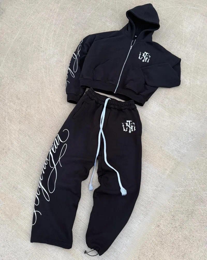 Men's Tracksuits High Street Trendy Retro Striped Men Suit Hip-hop Harajuku Fashion Zipper Hoodie Gothic Straight Wide-leg Pants