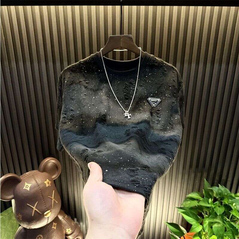 Ripped Starry Sky Men's Short Top Hot-Selling Light Luxury High-End Meteor Half Sleeve Round Neck Trendy Fashion