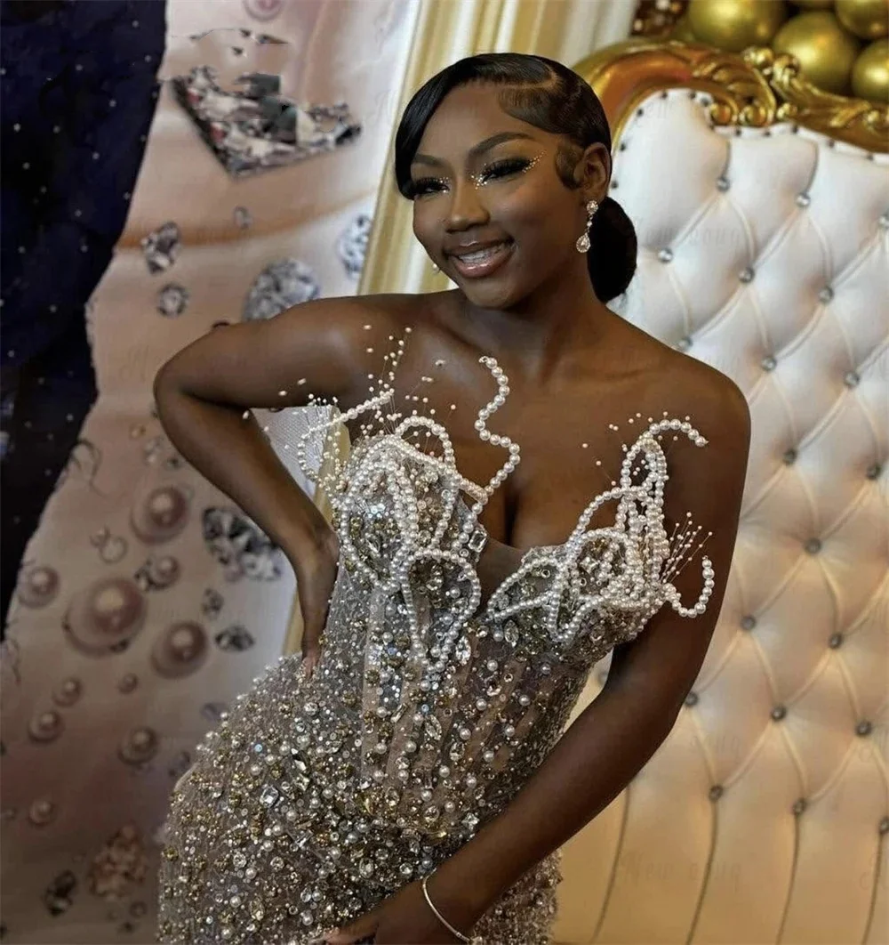 Sparkly Beaded Evening Formal Dress 2026 Luxury Mermaid 3D Pearls Corset Aso Ebi Prom Pageant Party Gowns Celebrity Robe De Soriee