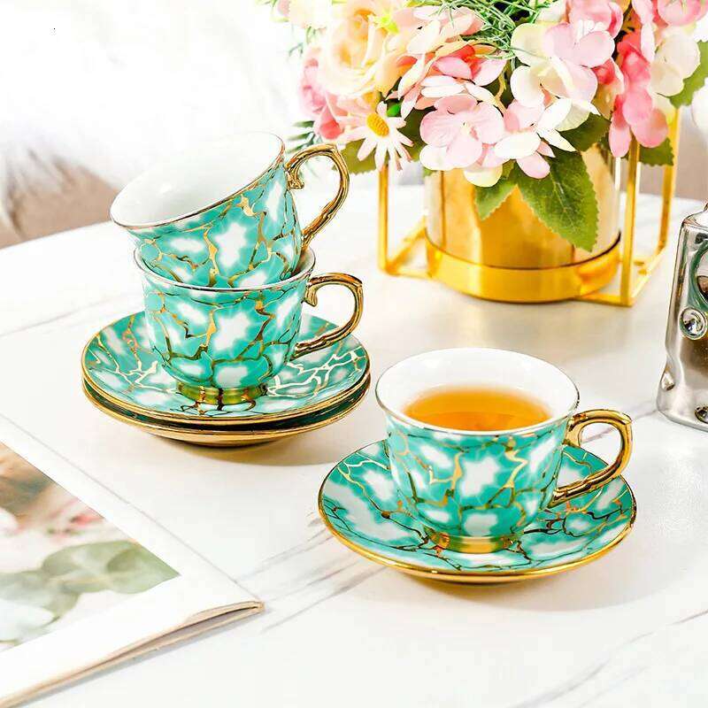 Nordic Light Luxury Ceramic Coffee Cups with Dish Creative Office Mug Gold Edged Afternoon Tea Cup Set Household Drinkware