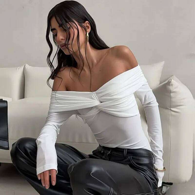 Sexy Off-Shoulder Tops Women's White Ruffled Twist Patchwork Long Sleeve Fashion Backless Summer Party Y2k New Top
