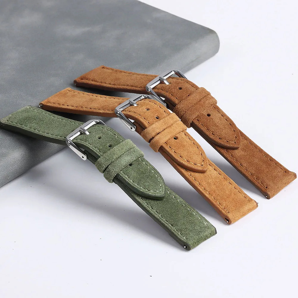 18mm 19mm 20mm 22mm Vintage Suede Cowhide Watch Strap Handmade Watch Band Gray Brown Green Quick Release Bracelet for Men Women 260109