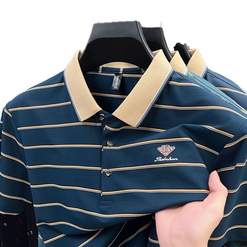 Luxury Brand Designer Clothes Business Casual Mens T-Shirt For Middle-Aged And Elderly Fathers Short Sleeve Striped Turn-Down Collar Base Shirt Summer