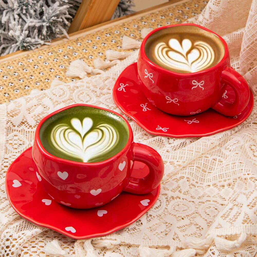 1pc ceramic coffee with dish, cute bow and heart-shaped design, handmade irregular matcha tea cup