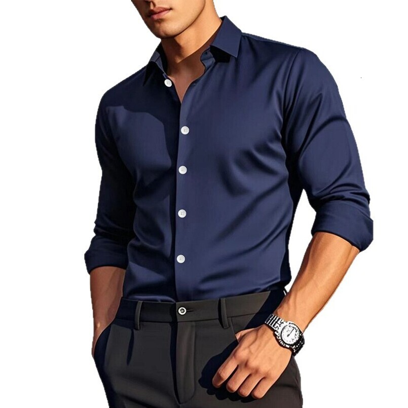 Foreign Trade Cross-Border In-Stock Men's Long Sleeve Casual Solid Color Business High-Quality Non-Iron Suit Shirt