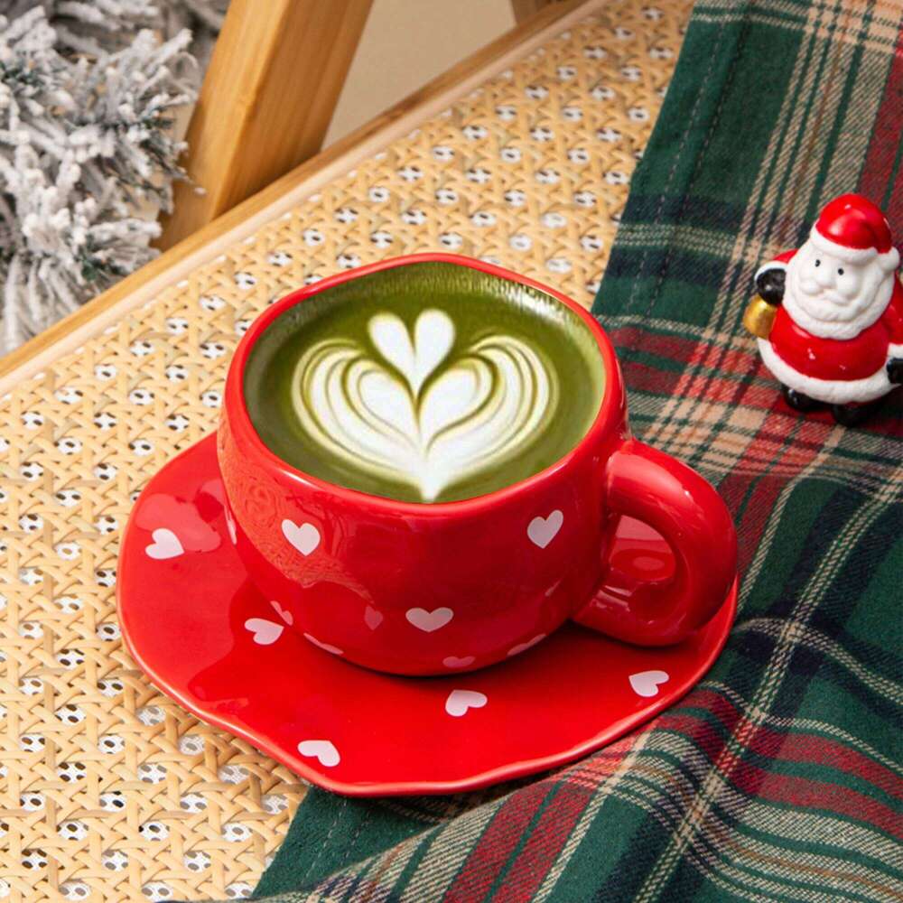 1pc ceramic coffee with dish, cute bow and heart-shaped design, handmade irregular matcha tea cup