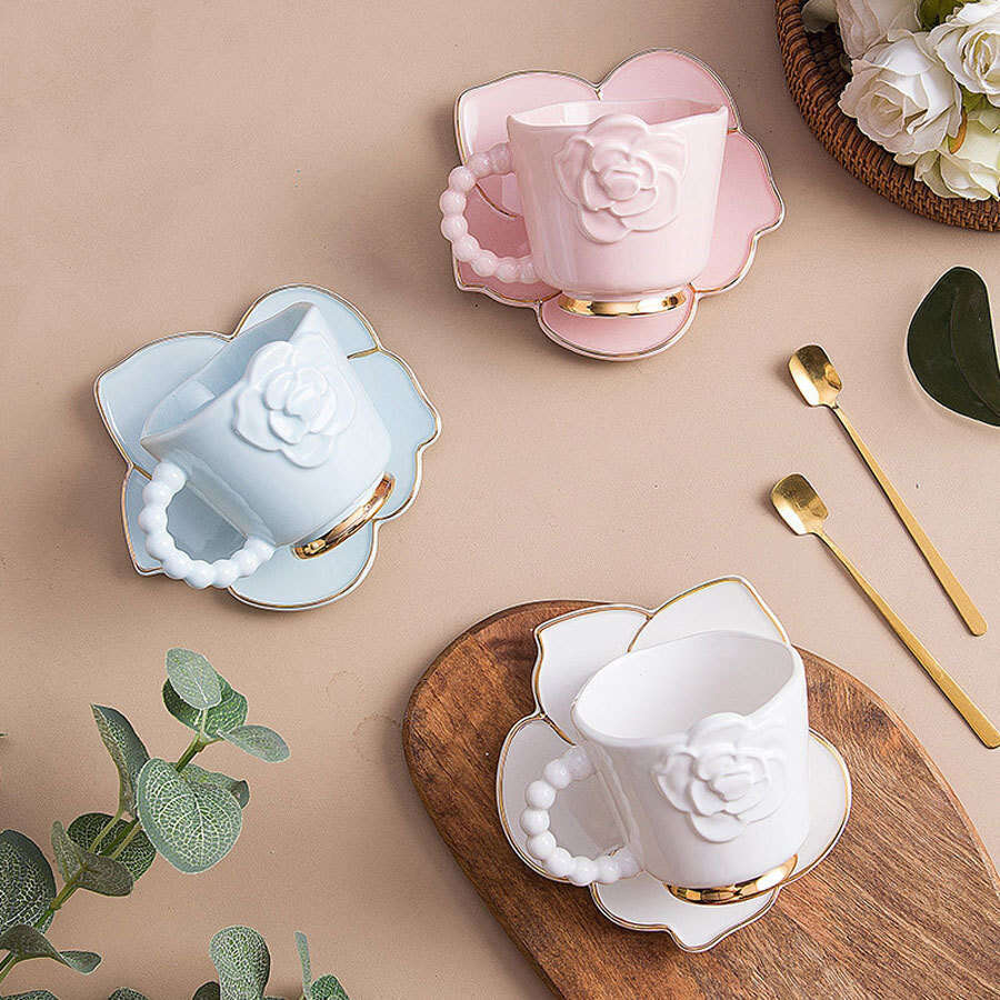 Ceramic Coffee Mug Drinking Vessel, Handmade Creative Floral Camellia Artisan Tea Cup with Saucer in Blue Pink White, Decorative Afternoon Tea Set Gif