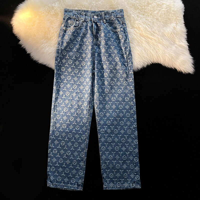 Full Print Jeans Men, Loose Straight Long For Autumn, Ins American Retro Vibe Style Streetwear Pants
