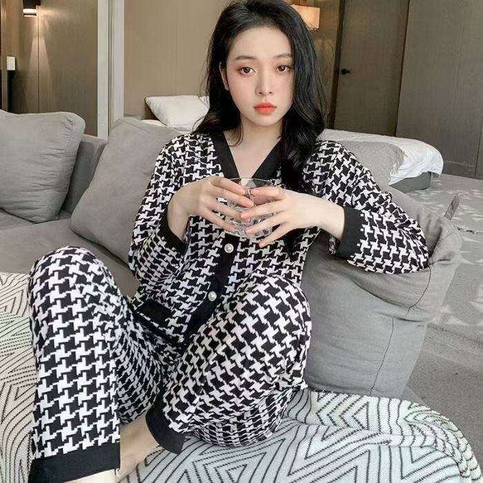 Pajamas for Women Spring and Autumn Korean Style Cardigan Sweet Outerwear Sleeve Long Pants Ice Silk Ins Home Wear Set Summer