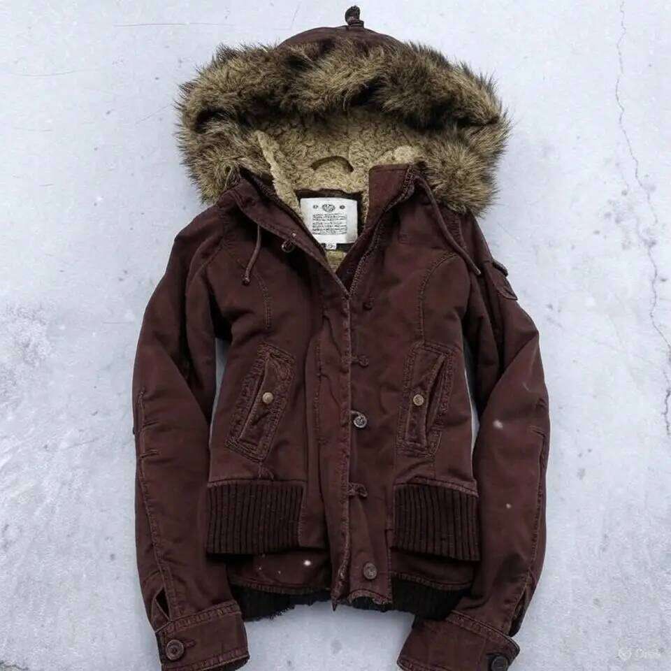American Vintage Y2k Lined Bomber Jacket Womens Brown Hooded Coat With Faux Fur Trim Ribbed Cuffs Fashionable And Casual