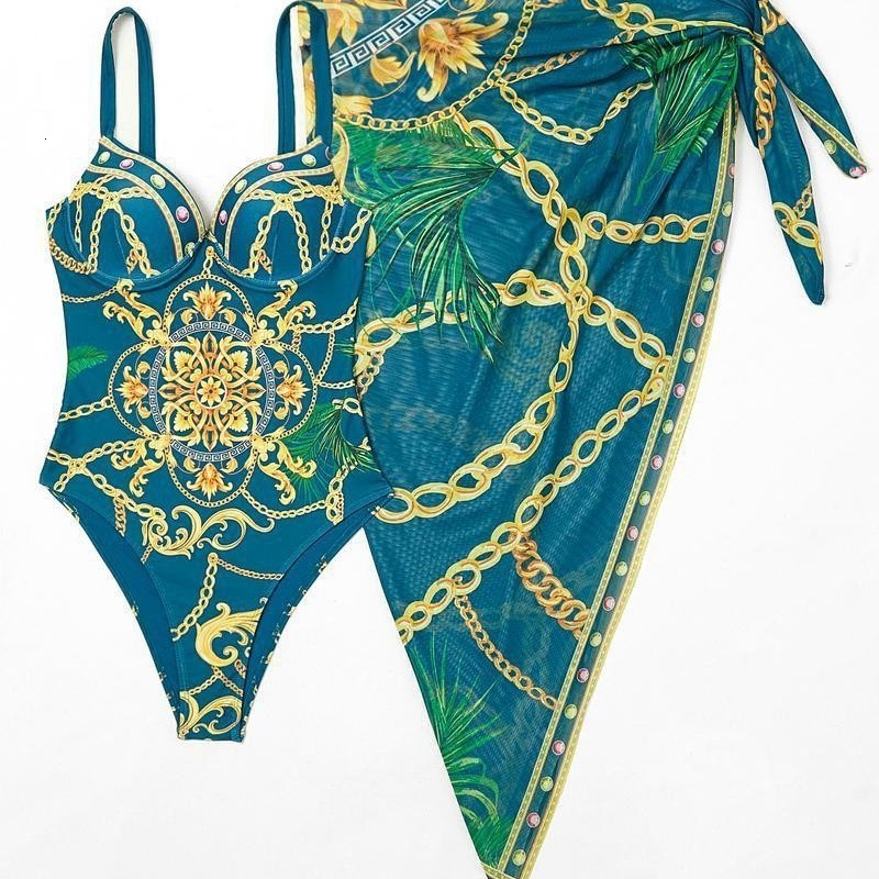 Push Up One Piece Swimsuit With Cover Up Sexy Swimwear Women Printed Swim Suits Female Bikinis Sliming Bodysuit Beachwear 250106