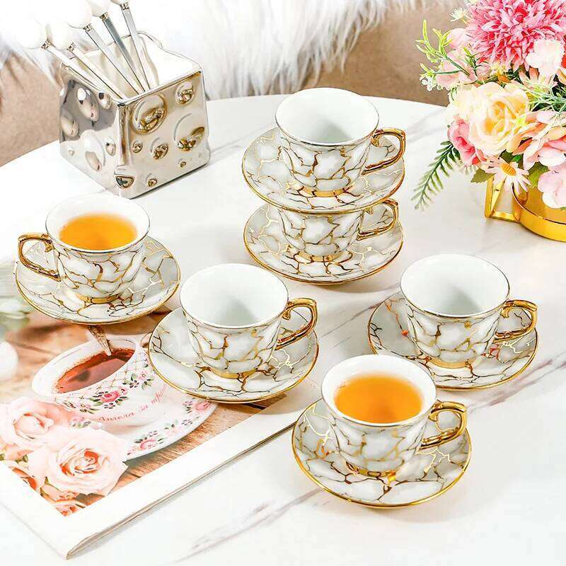 Nordic Light Luxury Ceramic Coffee Cups with Dish Vintage Office Mug Gold Edged Afternoon Tea Cup Set Household Drinkware