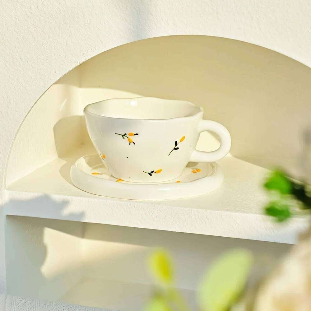 Creative, minimalist, hand drawn, three-dimensional relief cherry blueberry, household ceramic coffee cups and plates