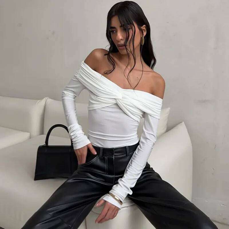 Sexy Off-Shoulder Tops Women's White Ruffled Twist Patchwork Long Sleeve Fashion Backless Summer Party Y2k New Top