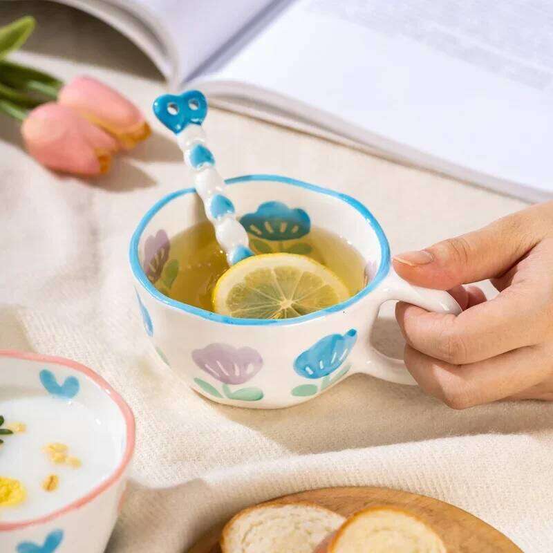 Ceramic Mug with Rabbit Handle Spoon Hand-shaped Irregular Coffee Milk Tea Breakfast Oatmeal Drinkware Kitchen Cup